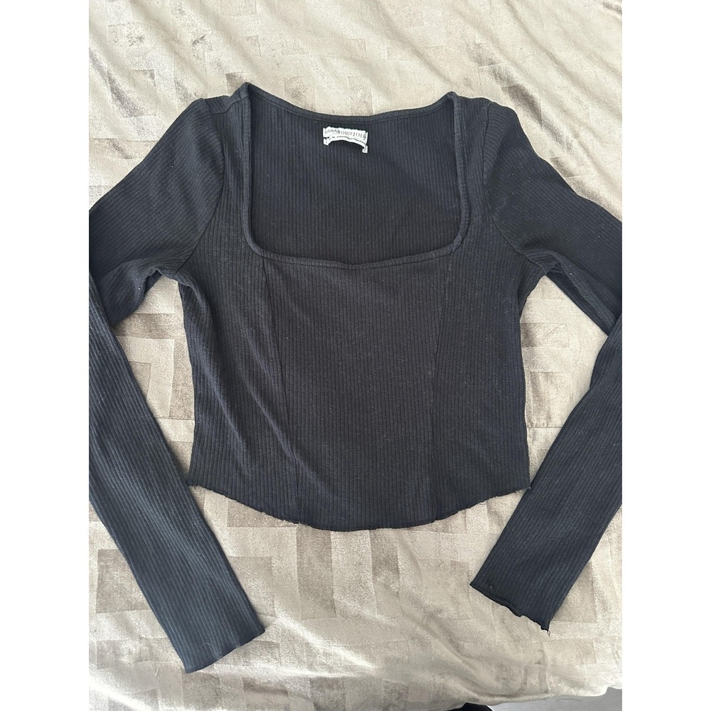 Urban Outfitters‎ Shirt Womens Medium Black Ribbed Long Sleeve Square Neck Crop